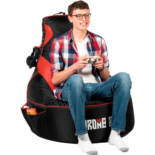 Throne Boss Gaming Bean Bag Chair Cover for Adults with High Back, Red – Large Floor Gaming Chair Cover, Easy to Clean Fabric, Large Pockets, Headphone Hanger, Requires 350 Liters Polystyrene Beans