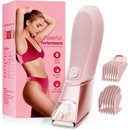 Rechargeable Bikini Trimmer for Women: Pubic Hair Razor with Mirror & LED Light - IPX7 Waterproof Electric Shaver, Travel Lock & Ceramic Blades for Legs Underarm - Baby Pink