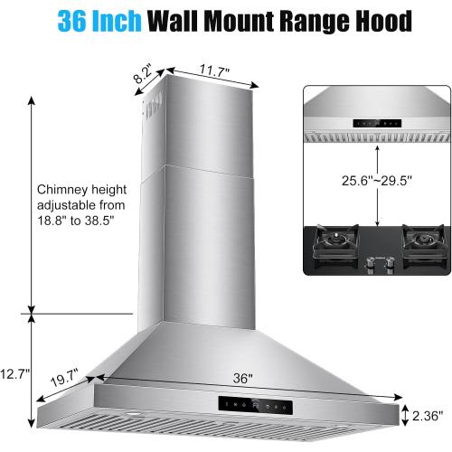 36 inch Range Hood Wall Mount, 1200 CFM Stainless Steel Stove Vent Hoods
