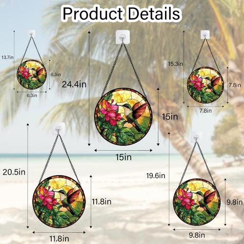 Stained Glass Suncatcher, Hummingbird Red Flowers Green Leaves Sun Catcher Stain Glass Window Hanging Decoration Mother's Day Birthday Gifts for Bird Lover Women Men Mom Nana 6.3 in