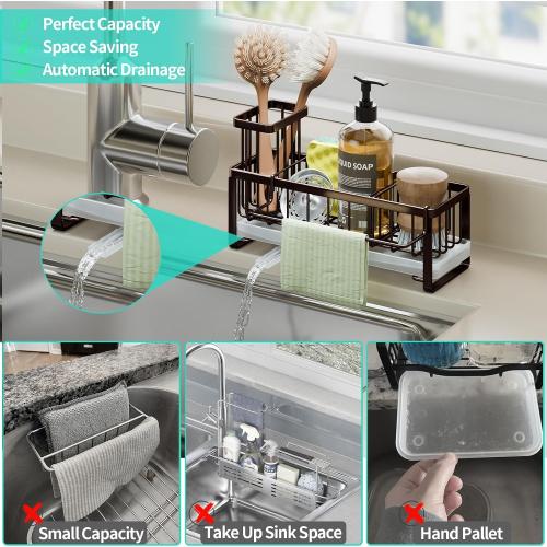 HapiRm Sponge Holder for Kitchen Sink - Self-draining Sink Caddy with Brush and Dishcloth Holders, Stainless Steel Kitchen Organizer for Countertop - Bronze