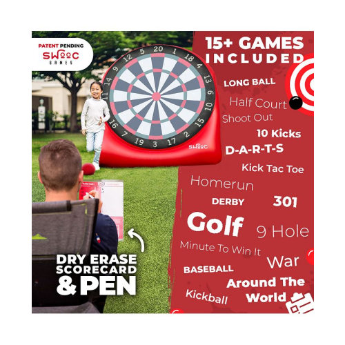 Giant Kick Darts (Over 6 ft. Tall) with Over 15 Games Included - Giant Inflatable Outdoor Dartboard with Soccer Balls - Red - Large
