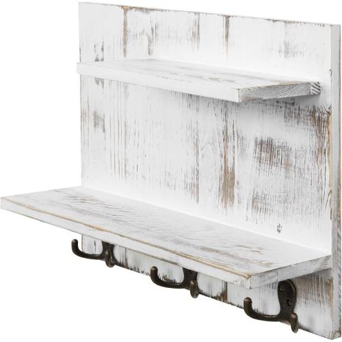 MyGift 2 Tier Wall Mounted Shabby White Washed Solid Wood Bathroom Storage Shelves, Decorative Entryway Floating Shelf Rack with 6 Hooks for Hanging Towels