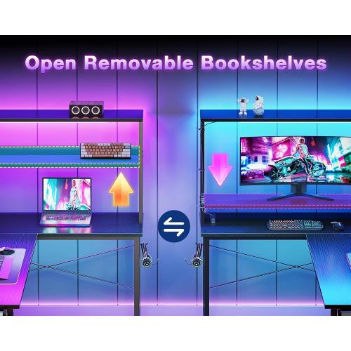 ODK 53 L Shaped Gaming Desk with Shelves, LED & Outlets, Black