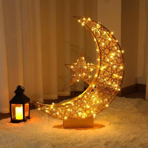 Large Metal Ramadan Moon Stand Lights Decorations for Home Iron Eid Mubarak Star Crescent Moon Lamp LED Light Stand Eid Craft Table Centerpiece Home Islamic Gift(22.4 x 26.3 Inch,Modern Style)