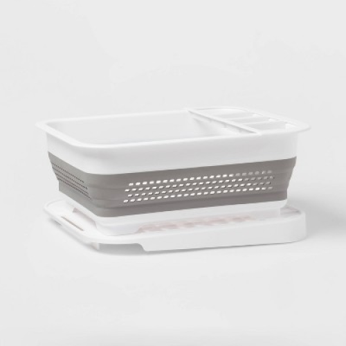 Plastic Collapsible Dish Rack with Drip Tray White - Brightroom™: Freestanding Drying Rack with Drain Board ‼️HAS DIRT ‼️