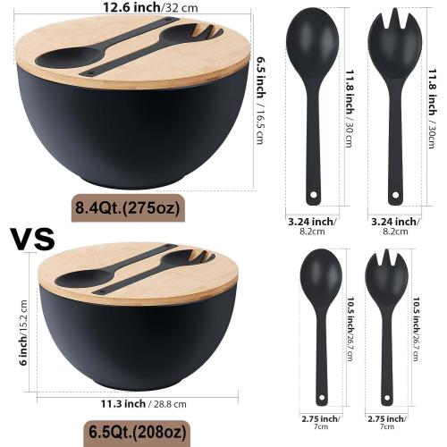 12.6 Extra Large Salad Serving Bowl Set with Wooden Lid&Utensils, 8.4Qt., Bamboo Fiber Salad Bowl with Servers for Kitchen, Big Bowl for Mixing Salad,Fruit,Pasta (Matte Black)