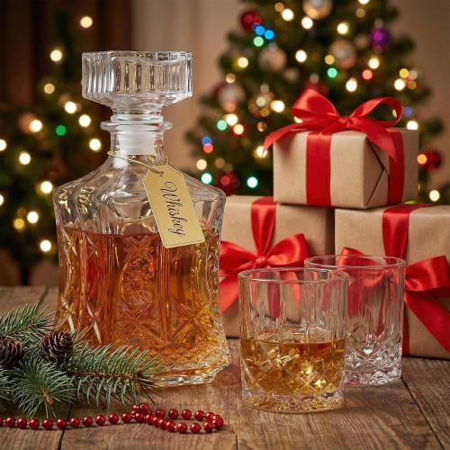 Whiskey Decanter Set with 2 Whiskey Glasses, Glass Liquor Decanter Set, Crystal Decanters Sets for Tequila, Bourbon, Brandy and Vodka, Ideal Gift for Men Home Bar Decor, 25oz
