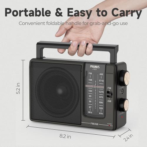 PRUNUS J03 AM FM Radio Portable Plug in Wall or AA Battery Operated for Home/Outdoor, Large Speaker Excellent Sound and Reception, Large Tuning Knobs, Gifts for Seniors, No,Internet Radio/Shower Radio