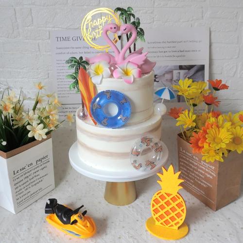 DRWATE Flamingo Cake Toppers Summer Cake Decorations Pineapple and Hibiscus Flower Yacht Surfboard Cake Toppers for Tropical Hawaiian Beach Luau Themed Party Supplies (Style 01)
