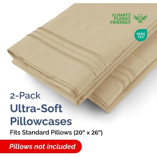 Standard Pillow Cases Set of 2 - Ultra Soft Cozy Pillowcase Covers - Beige