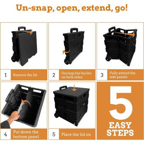 Inspired Living Collapsible Ultra-Slim Pack-N-Roll,2 Wheel Utility Cart w/Lid used as Seat up to 250 Lbs, Telescopic Handle - Super Strong, for Home, Garden, Shopping, Office, School use, Large, Black