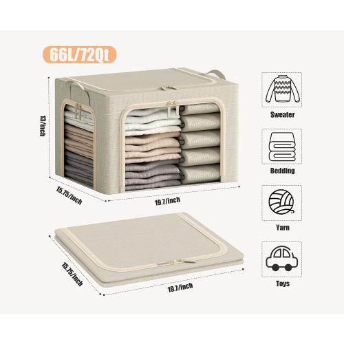 3 Openings Large Clothes Storage Bins with Metal Frame, Foldable Storage Bin for Clothes,Clothing Storage Bins with Lid, Linen Storage Box With Clear Window＆ Zippers＆ Durable Handles.(3 Pcs,Beige,66L)