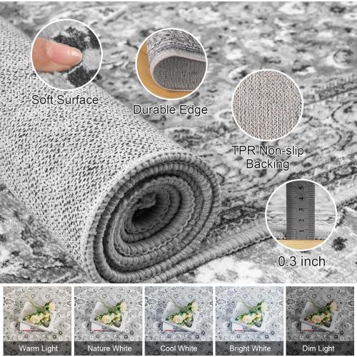 Grey Small Washable Area Rug, 2x3 Boho Vintage Entryway Rugs, Soft Non Slip Floral Door Mat, Aesthetic Low Pile Carpet for Front Door Entry Carpets Entrance Bedroom Kitchen
