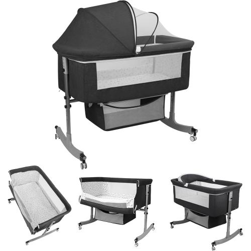 Bedside Bassinet Baby Crib, 3-in-1 Bedside Crib with Storage Basket