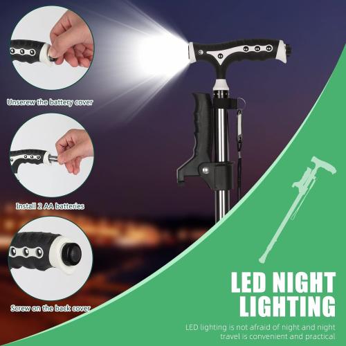 Hold 440 Lbs Walking Cane for Men & Women Aluminum Alloy Lightweight Height Adjustable Walking Stick Heavy Duty Foldbale Free Standing Cane with LED for Seniors Adults