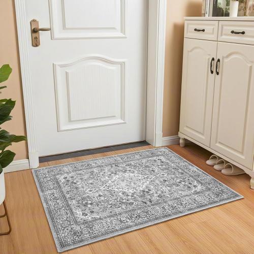 Grey Small Washable Area Rug, 2x3 Boho Vintage Entryway Rugs, Soft Non Slip Floral Door Mat, Aesthetic Low Pile Carpet for Front Door Entry Carpets Entrance Bedroom Kitchen