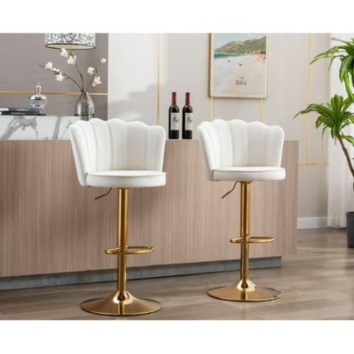 Guyou Swivel Adjustable Bar Stools Set of 2, Velvet Counter Height Barstools with Petal Back and Gold Footrest, Modern Counter Bar Height Stool Chairs for Kitchen Island Bar Cafe, Cream