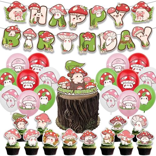 Mushroom Birthday Party Decorations, Birthday Party Supplies for Mushroom, Includes 1 Banner, 16 Latex Balloons, 1 Cake Topper, 24 Cupcake Toppers