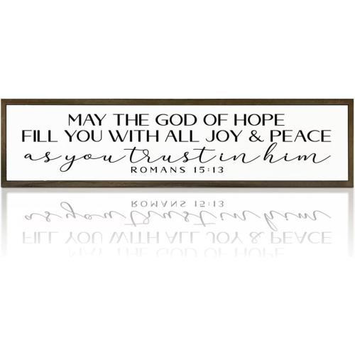 Bible Verse Signs, Inspirational Wall Art, Christian Home Decor for Living Room Bedroom, Romans 15:13 Scripture Sign, May the God of Hope Fill You Sign 17.8x4x1.2 inches