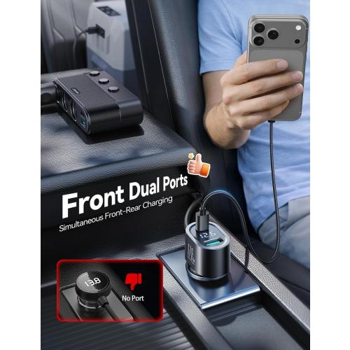 [2025 Upgraded] 7 in 1 Cigarette Lighter Adapter, JOYROOM 179W Car Charger Adapter with PD30W Charge(3.3FT Cable), 24V/ 12V Cigarette Lighter Splitter with Independent Switches & LED Voltage Display
