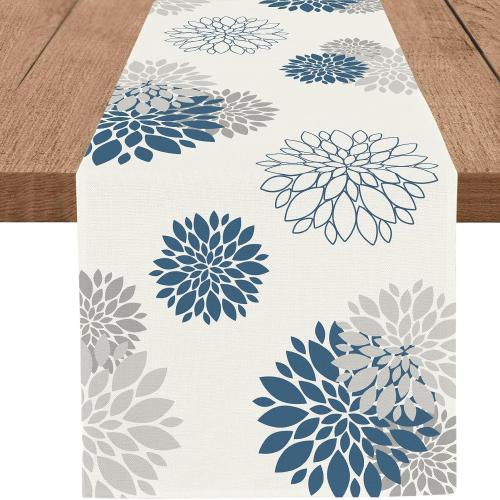 Blue Gray Table Runner Dahlia Pinnata Flower Beige Table Runners Modern Elegant (13 x 36 Inch)