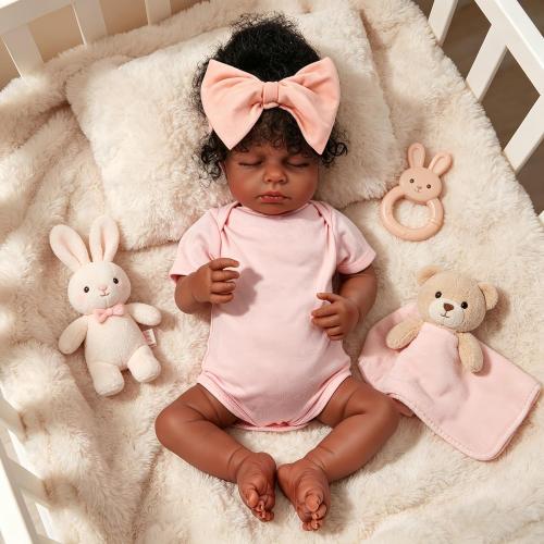 18 Inch Realistic Black Reborn Baby Doll Closed Eyes – Lifelike African American Sleeping Baby Doll with Hand-Rooted Curly Hair & Soft Cloth Body, Realistic Newborn Gift for Kids and Collectors