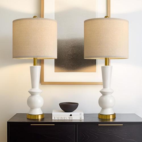 PORTRES 27 Modern Ceramic Table Lamp Set of 2 for Living Room White & Gold Bedside Lamps for Bedroom Nightstand Lamp Tall End Table Lamps