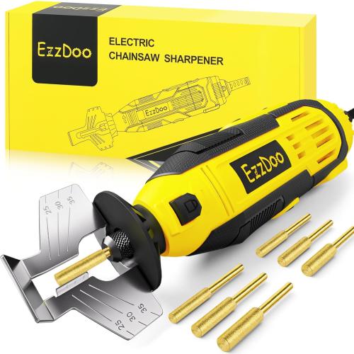 EzzDoo Electric Chainsaw Sharpener Kit with 6 Titanium-Coated Diamond Bits - Handheld Chain Saw Sharpener Tool for All Chains - No Removal Required, Easy and Fast Chainsaw Sharpening Kit