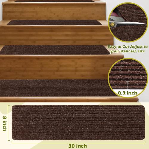 Stair Treads Non-Slip 16 Pack 8x30 - Carpet Stair Runner for Indoor Wooden Steps with TPE Backing & Anti-Skid Surface, Reusable Adhesive Safety Rug for Kids/Elder/Pet-Friendly - Brown