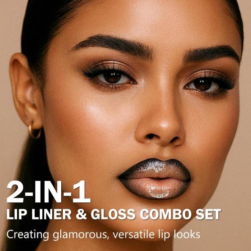 Lip Liner & Gloss Lipstick Combo - 2 in 1 Dual-Ended Lip Combo Set, Black Velvet Matte Lip Liner & Buildable Clear Mirror Glowy Lip Gloss Kit for Women, Long Wear Shiny Plumping Finish, 01