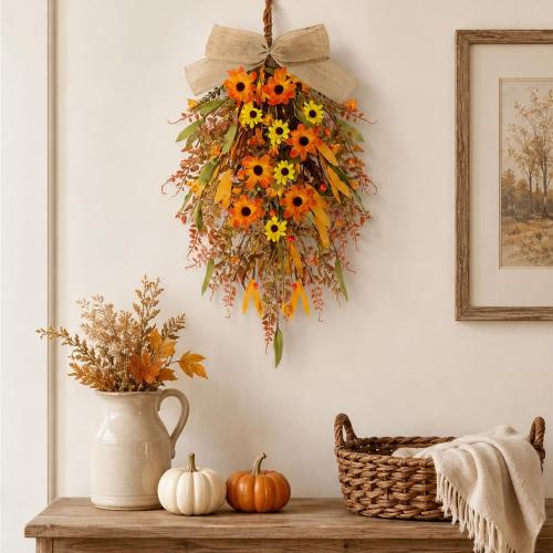 2 Pcs 24 inch Artificial Fall Swag Autumn Floral Teardrop Swags for Front Door Farmhouse Kitchen Cabinet Wreaths with Ribbon for Porch Wall Window Decor