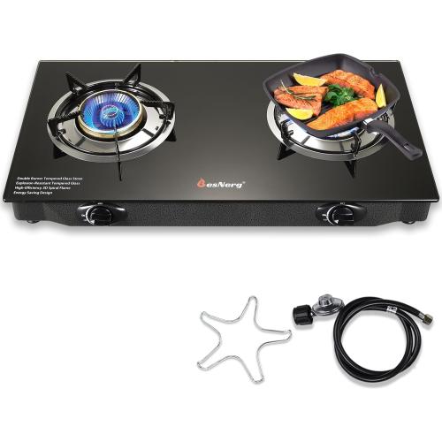 Propane Stove 2 Burner Gas Stove, 28800 BTU High-Efficiency Auto Ignition Tempered Glass LPG Cooktop with CSA Regulator and Hose – for Outdoor Camping, RV, and Emergency Cooking