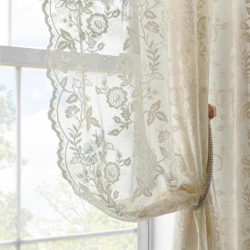 FINECITY Beige Lace Curtains for Living Room Floral 52 x 84 Inch, 2 Panels