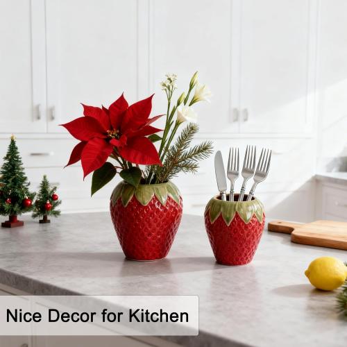 Ceramic Strawberry Vase, Cute Fresh Flowers Vases, Small Fruit Vases for Strawberry Party, Kitchen Decor(Red)