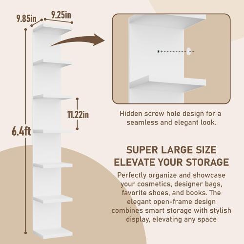 7 Tier Wall Shelf, Versatile Wall Mounted Lack Shlef Floating Shelf White | Wall shelves for bedroom, Storage Home Display for Living Room,Office Decor, Tall Long Shelf for Book,Shoe,Vanity