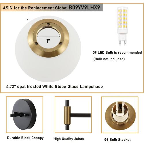 Industrial Mid Century Wall Sconce Set of 2 with White Globe Glass Shades Modern Bathroom Vanity Wall Lamp Black and Gold Finished Wall Light Fixture