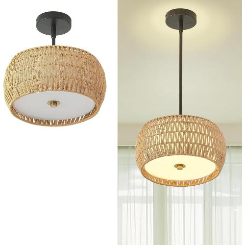 Rattan Pendant Light Kitchen Island,12.8 Hand-woven Modern Semi Flush Mount Ceiling Light Fixture,Boho Woven Lamp Shade Chandelier,Adjustable Farmhouse Hanging Light for Bedroom Bar Hallway