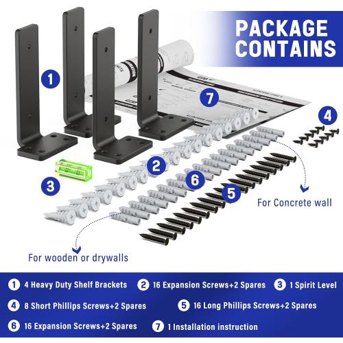 Goovilla Shelf Bracket, Floating Shelf Brackets 6 inch Long, 4 Pack, Black