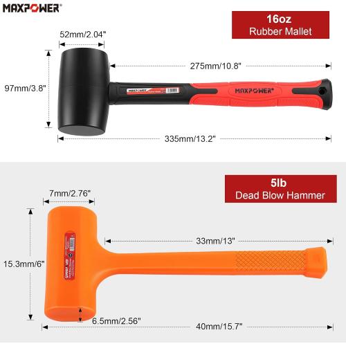 MAXPOWER 2PCS Rubber Mallet Set, 5LB Dead Blow Hammer & 16oz Rubber Mallet