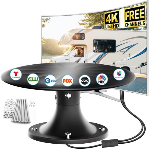RV TV Antenna Roof Mounted, HDTV Antenna for Camper Motorhome & Travel Trailer, Built-in Signal Amplifier, UHF VHF OTA Reception, 4K 1080P Ready, 32.8ft Coaxial Cable