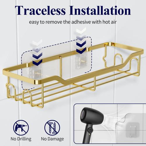 Kitsure Shower Caddy, Adhesive Shower Organizer, Large, Gold