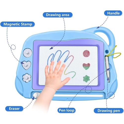 AiTuiTui Magnetic Drawing Board Mini Travel Doodle, Erasable Writing Sketch Colorful Pad Area Educational Learning Toy for Kid/Toddlers/Babies with 3 Stamps and 1 Pen (Sky Blue)