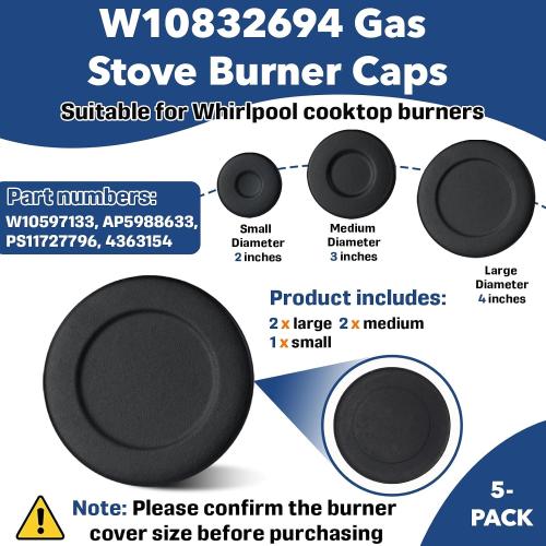 5-Pack W10832694 & W10597133 Gas Stove Burner Cap Replacement Set