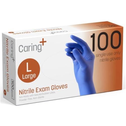 Caring Nitrile Exam Gloves (100ct), Powder Free and Not Made with Natural Rubber Latex, Gloves for Medical Use, Cleaning, Food Prep and More, Large