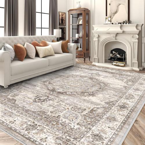Area Rugs with Living Room：Machine Washable Rug - Soft Carpet for Bedroom - Waterproof Stain Resistant Vintage Distressed Area Rug Beige