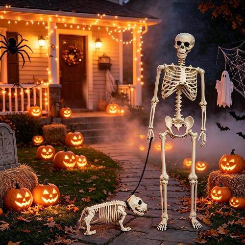 NEROSUN  Halloween Skeletons Decoration, Posable Life Full Size Skeleton with Dog Skeleton, Realistic Plastic Human Bones for Halloween Props Haunted House Graveyard Party Decor