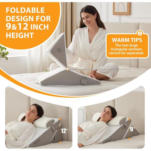 Ruqmuis Wedge Pillow Set for After Surgery, 3PCS Adjustable 9&12 Inch Bed Wedge Pillow for Sleeping, Incline Pillow Wedge for Headboard, Post Surgery, Acid Reflux, Neck&Back Support, White/Grey