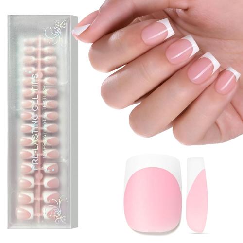 Jsiallye Pink French Tip Press on Nails, 240Pcs White French Press On Nail Short Square,Pre-Applied Primer & Top Coat,4 in 1 Gel Nail Tips,Soak off Acrylic Fake Nail Extensions 15 Size
