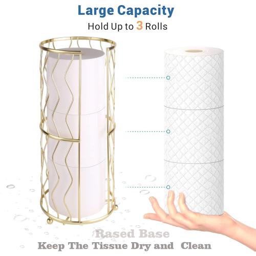 Decorative Metal Standing Toilet Tissue Holder for Bathroom/Powder Room, Compact Tissue Reserve for 3 Rolls of Toilet Paper Gold